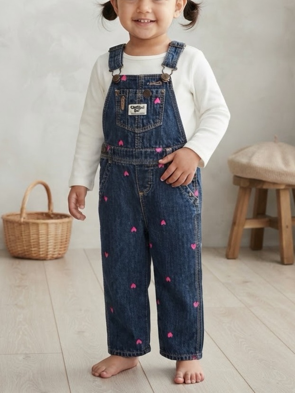 OshKosh B'Gosh Girls Dark Wash Heart Embroidered Denim Overalls